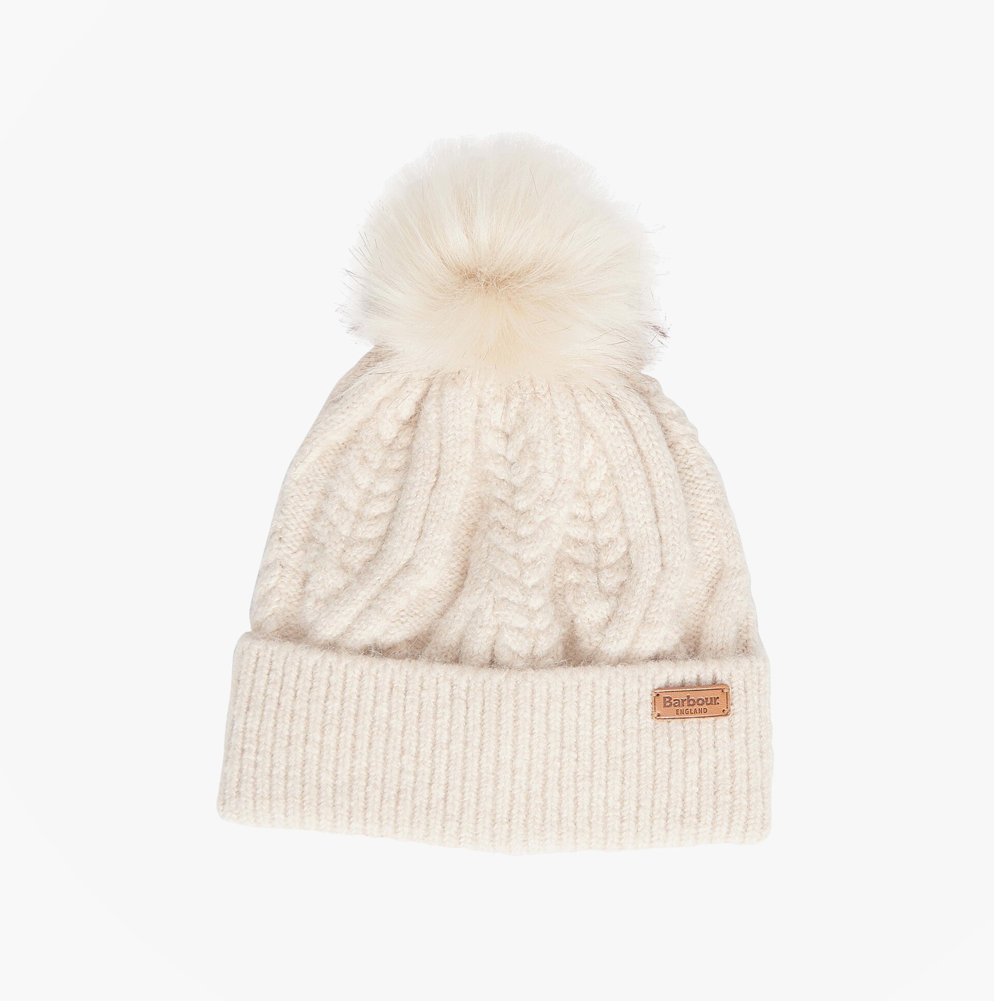 Barbour ELSDON Womens Beanie Eggshell front view with pom pom detail, showcasing textured knit design.