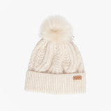 Barbour ELSDON Womens Beanie Eggshell front view with pom pom detail, showcasing textured knit design.