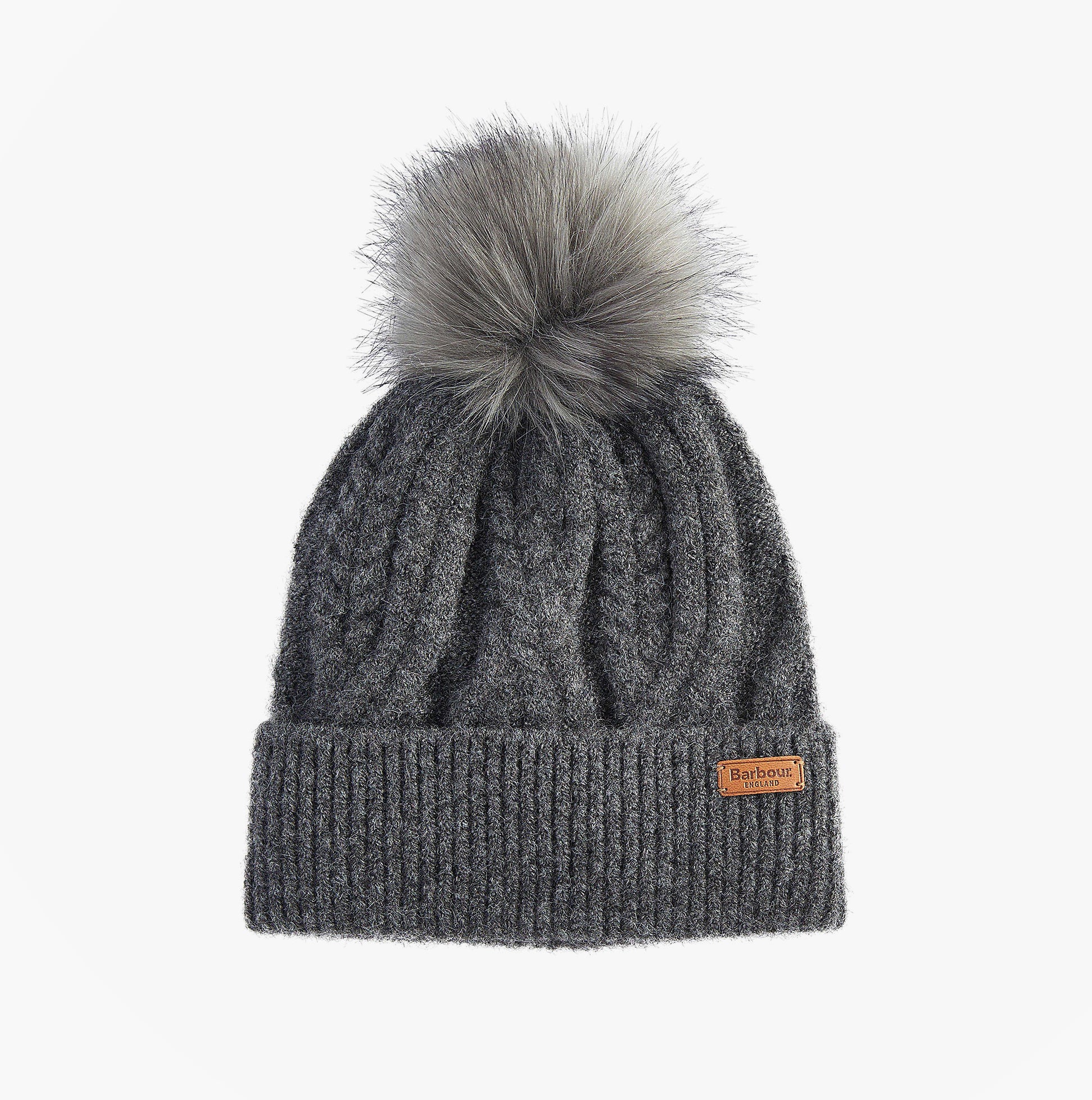 Barbour ELSDON Womens Beanie Grey front view with pom pom and branded label.