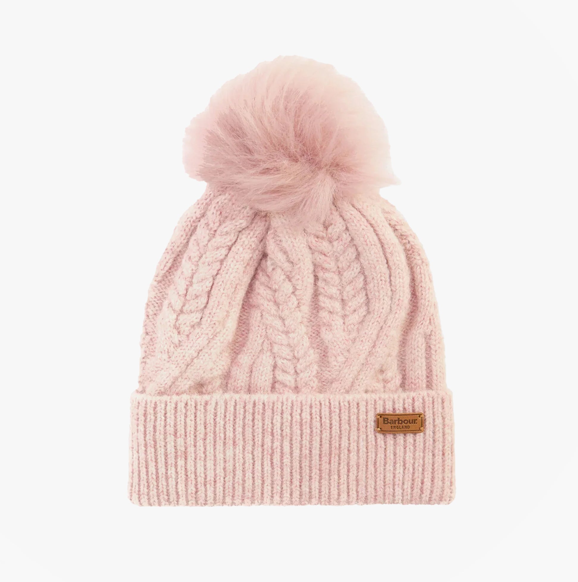 Barbour ELSDON Womens Beanie Gardenia front view with pom pom detail and textured knit design.