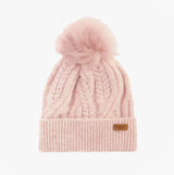 Barbour ELSDON Womens Beanie Gardenia front view with pom pom detail and textured knit design.