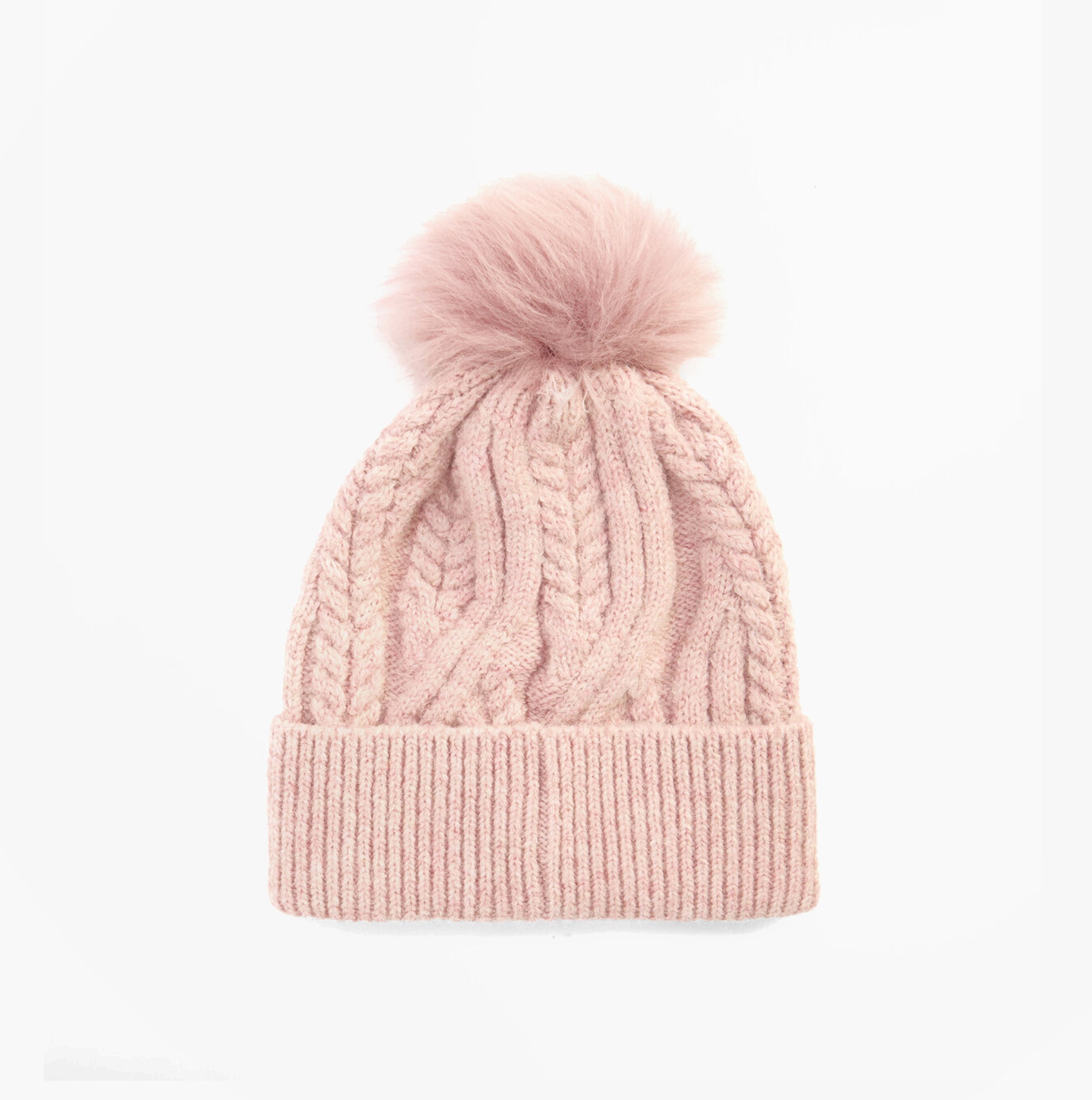 Barbour ELSDON Womens Beanie Gardenia front view showcasing soft pink knit with pom pom on top.