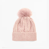Barbour ELSDON Womens Beanie Gardenia front view showcasing soft pink knit with pom pom on top.