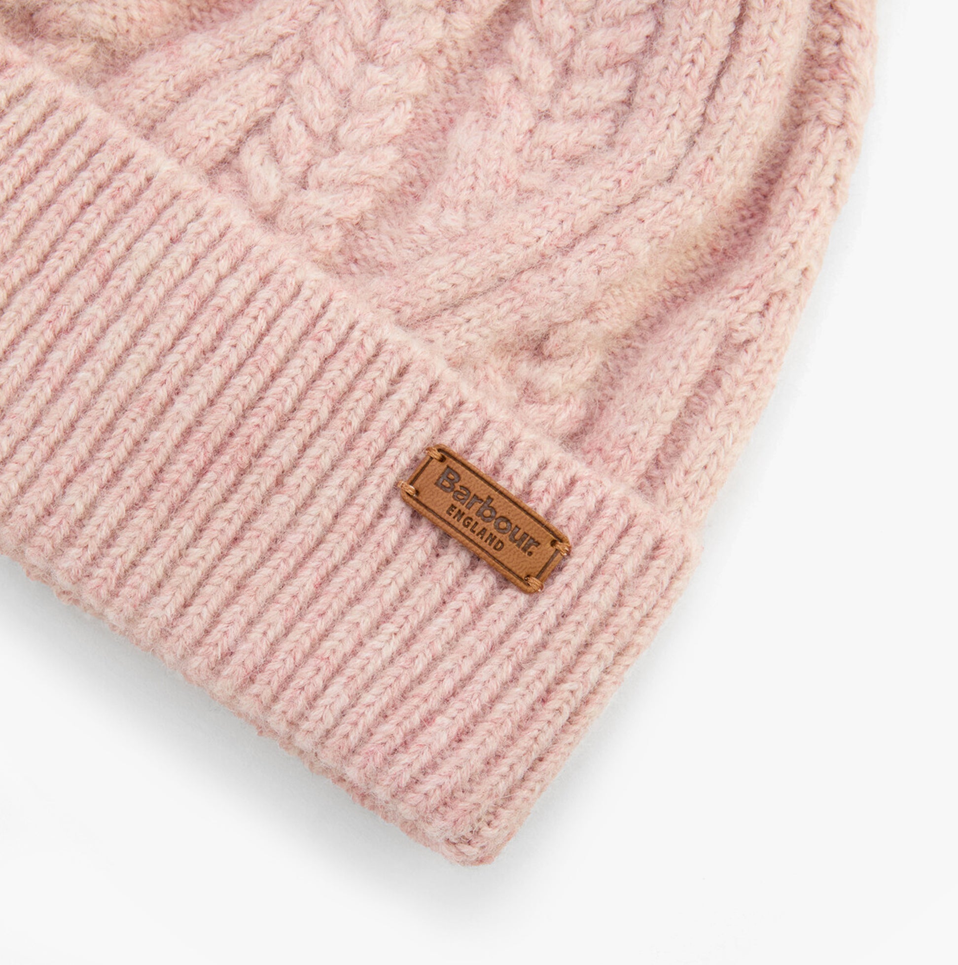 Barbour ELSDON Womens Beanie Gardenia top view showing textured knit design and brand label.