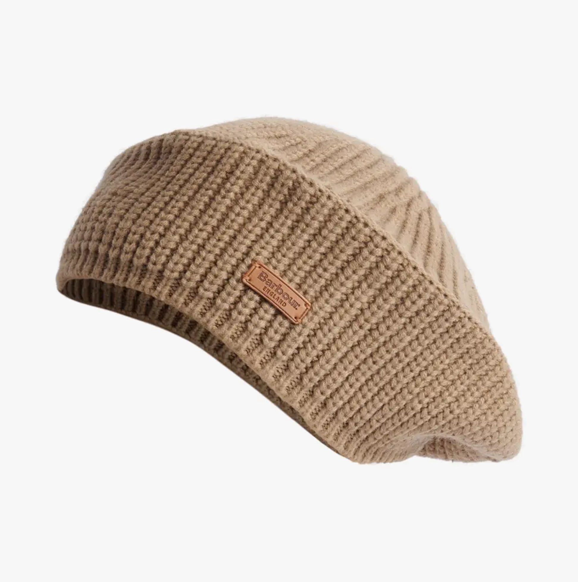 Barbour BELDON BERET Womens Beanie Honey side view showing texture and design in soft acrylic material.