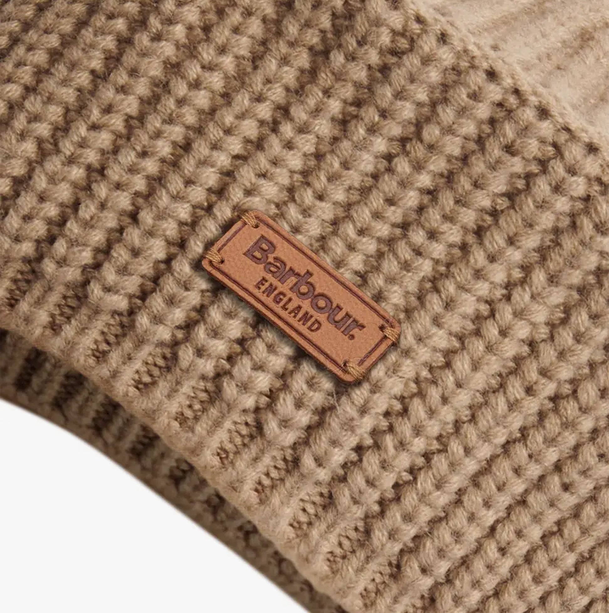 Barbour BELDON BERET Womens Beanie Honey detail view showing texture and logo of the hat.