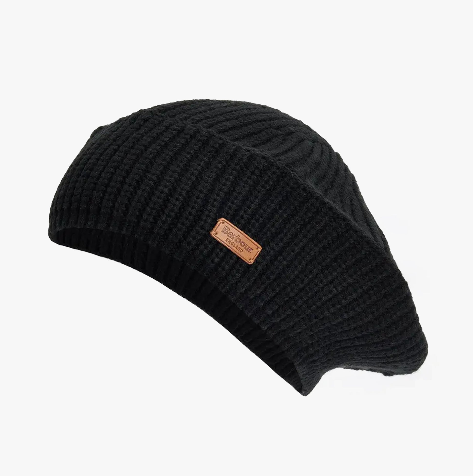 Barbour BELDON BERET Womens Beanie Black side view showing textured acrylic fabric and branded label
