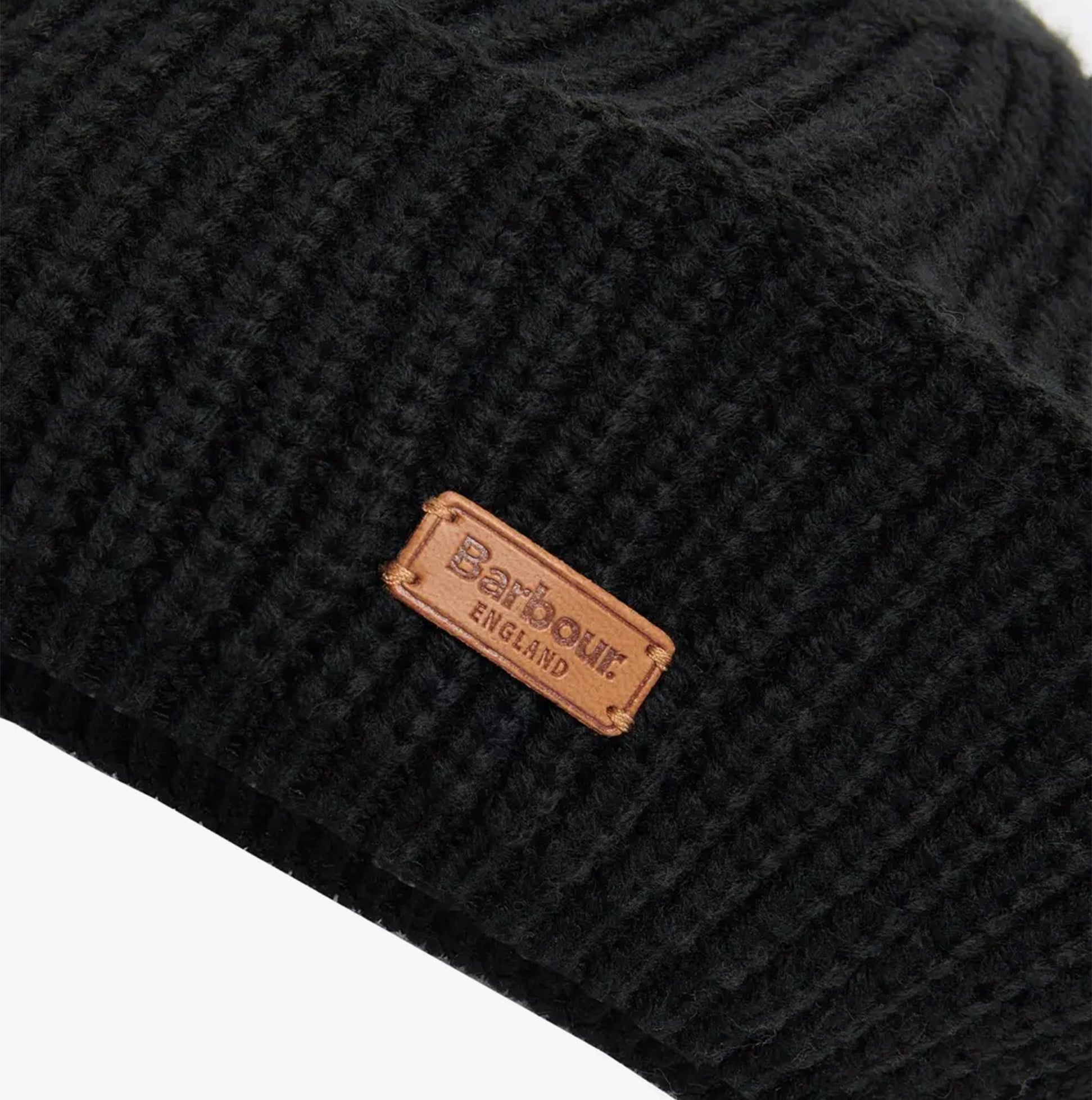 Barbour BELDON BERET Womens Beanie Black detail view showing ribbed texture and leather label