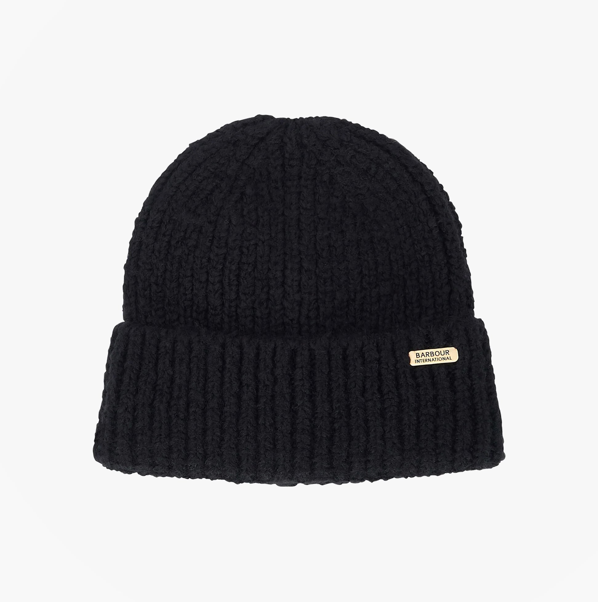 Barbour ARIA Womens Beanie Black front view showcasing soft knit texture and brand label.