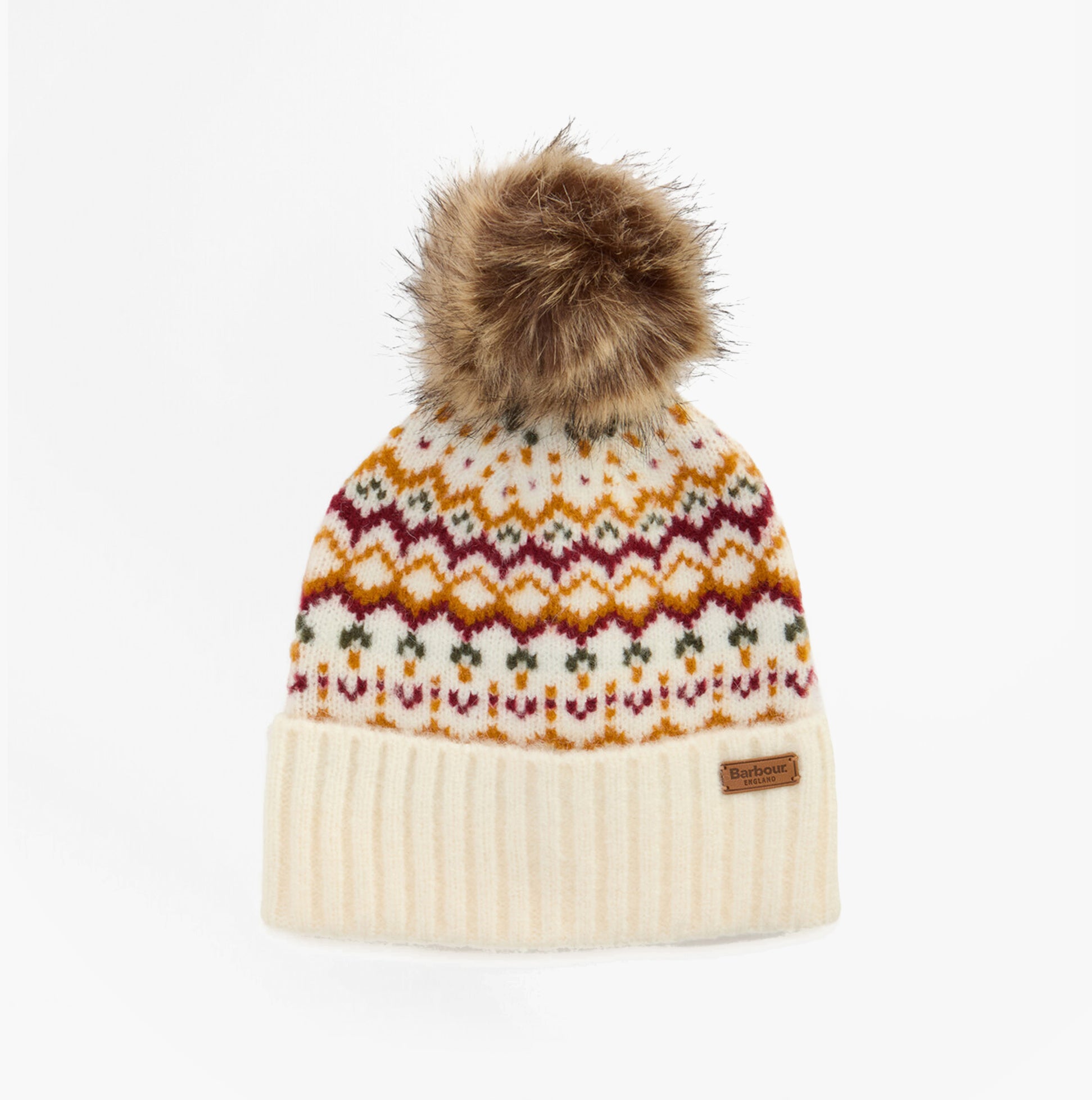Barbour KINGSFORD FAIR ISLE Womens Beanie Cloud front view with fur pompom and colorful Fair Isle pattern.