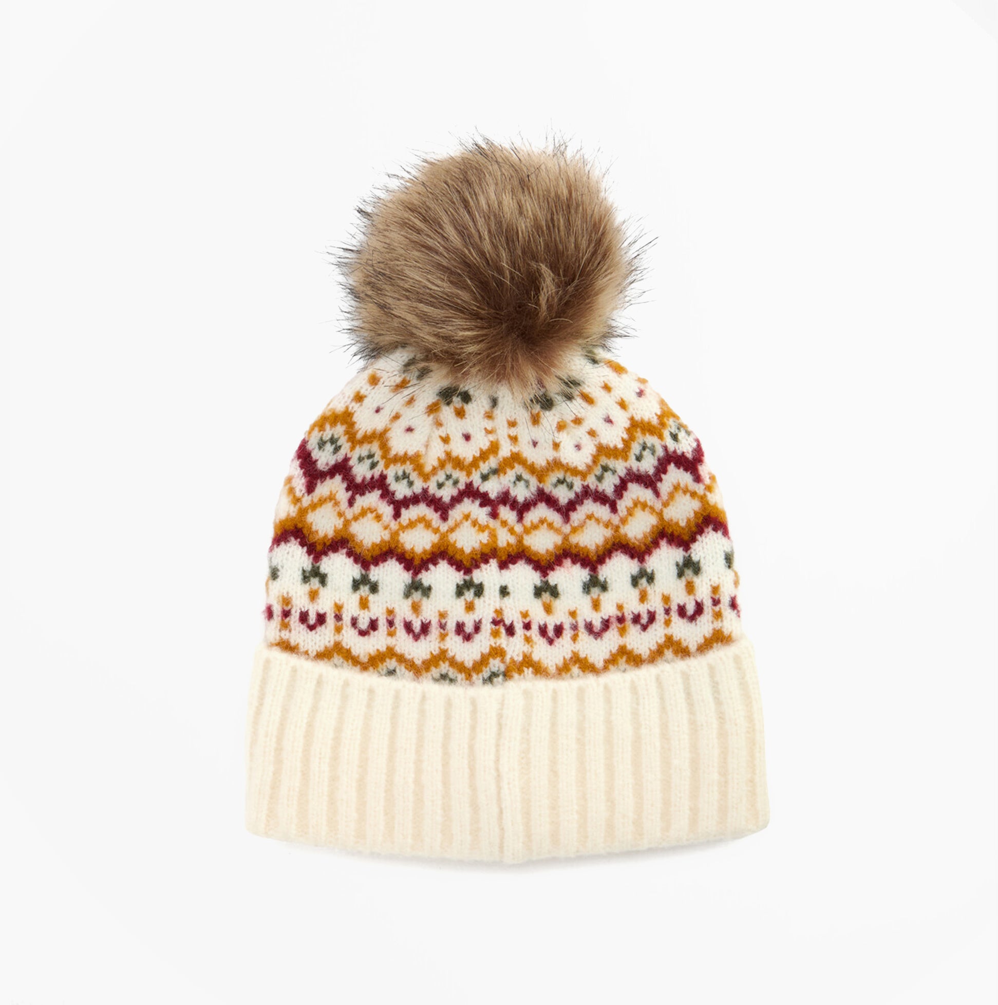 Barbour KINGSFORD FAIR ISLE Womens Beanie Cloud front view with colorful knitted pattern and fur pom pom.