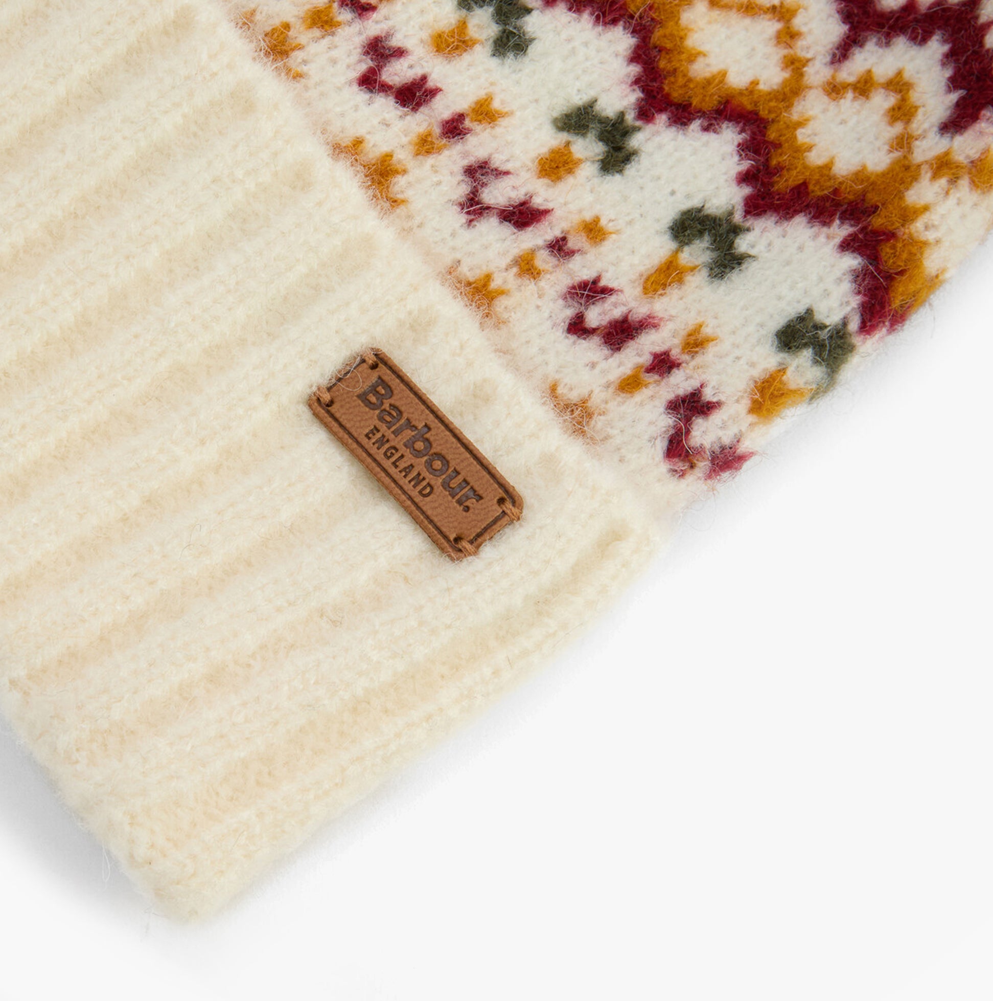Barbour KINGSFORD FAIR ISLE Womens Beanie Cloud detail view showing colorful Fair Isle pattern and brand label.