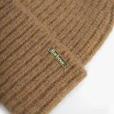Barbour MERYL Womens Beanie Military Brown detail view showcasing brand tag and texture.