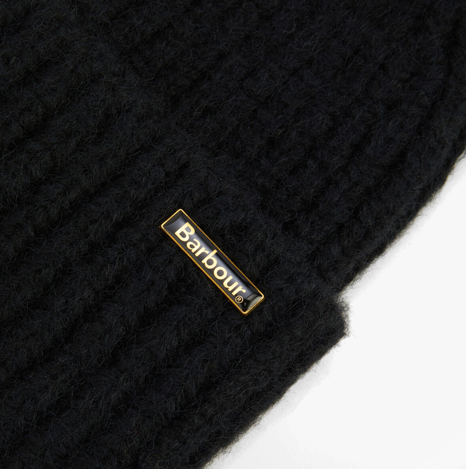 Barbour MERYL Womens Beanie Black detail view showcasing logo and texture