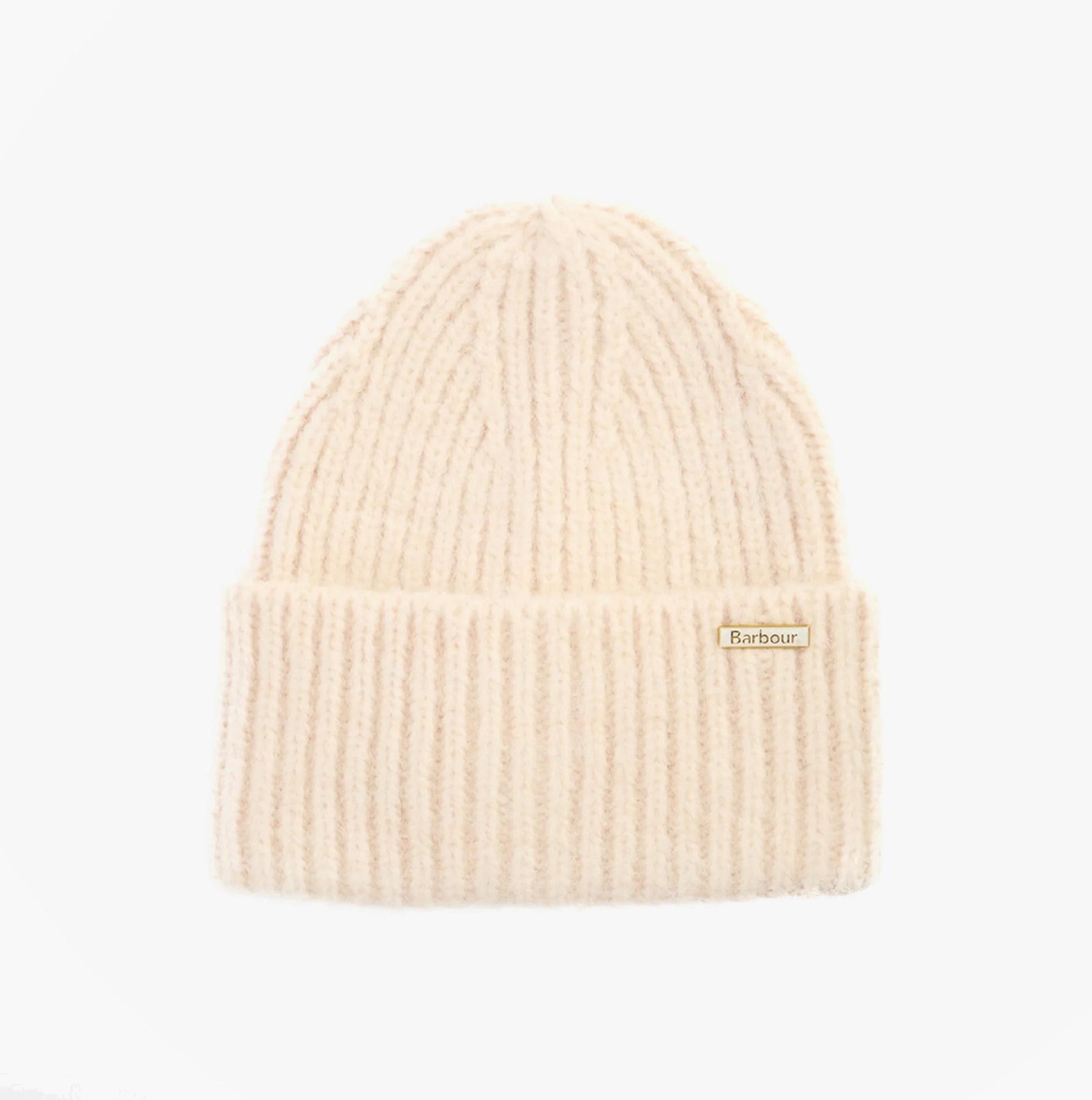 Barbour MERYL Womens Beanie Heritage Cream, front view, ribbed knit design, soft beige color.