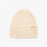 Barbour MERYL Womens Beanie Heritage Cream, front view, ribbed knit design, soft beige color.