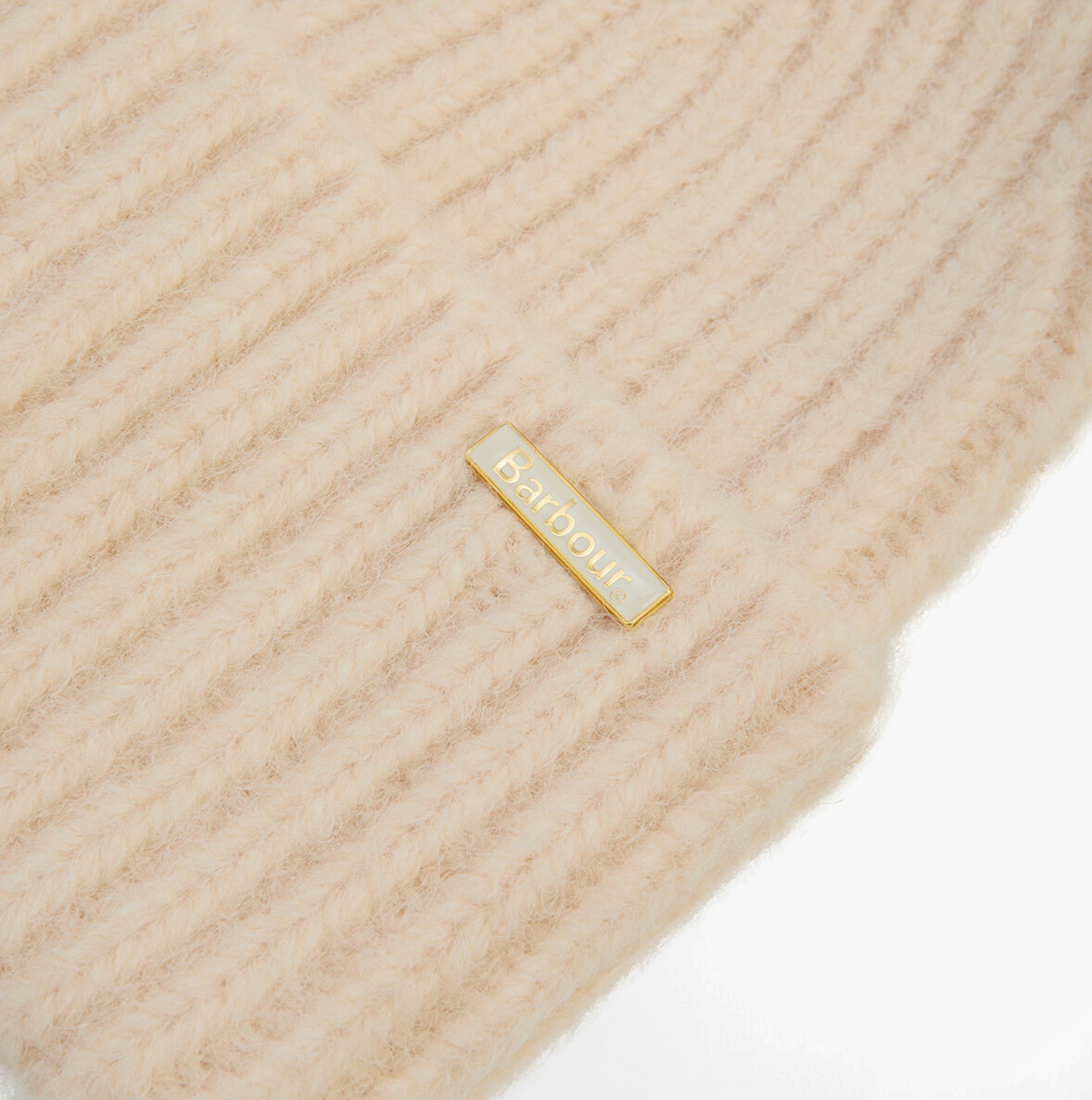 Barbour MERYL Womens Beanie Heritage Cream detail view showing soft knit texture and logo.