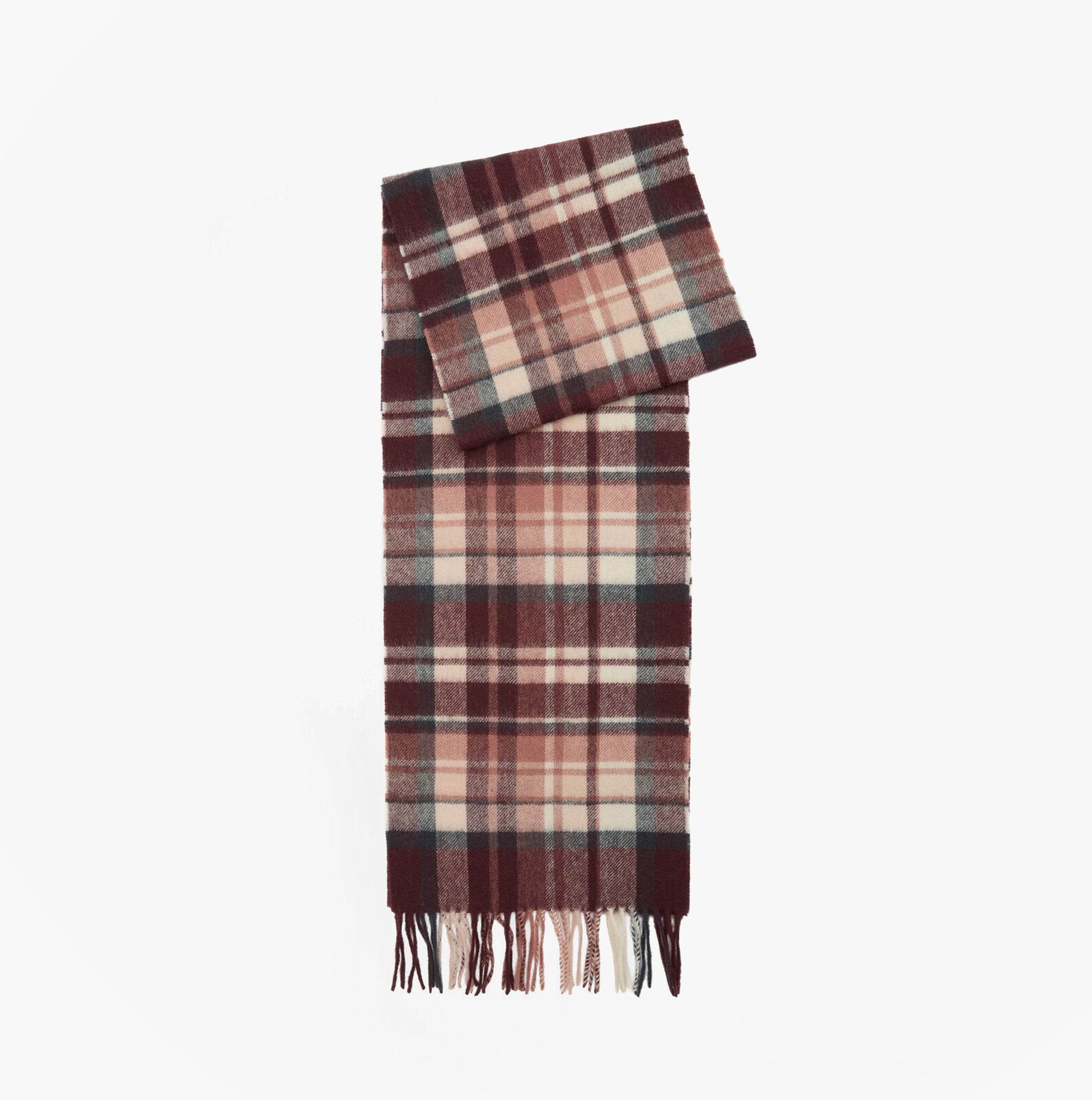 Barbour VINTAGE PLAID Womens Winter Fudge scarf front view, featuring classic plaid pattern and fringed ends.