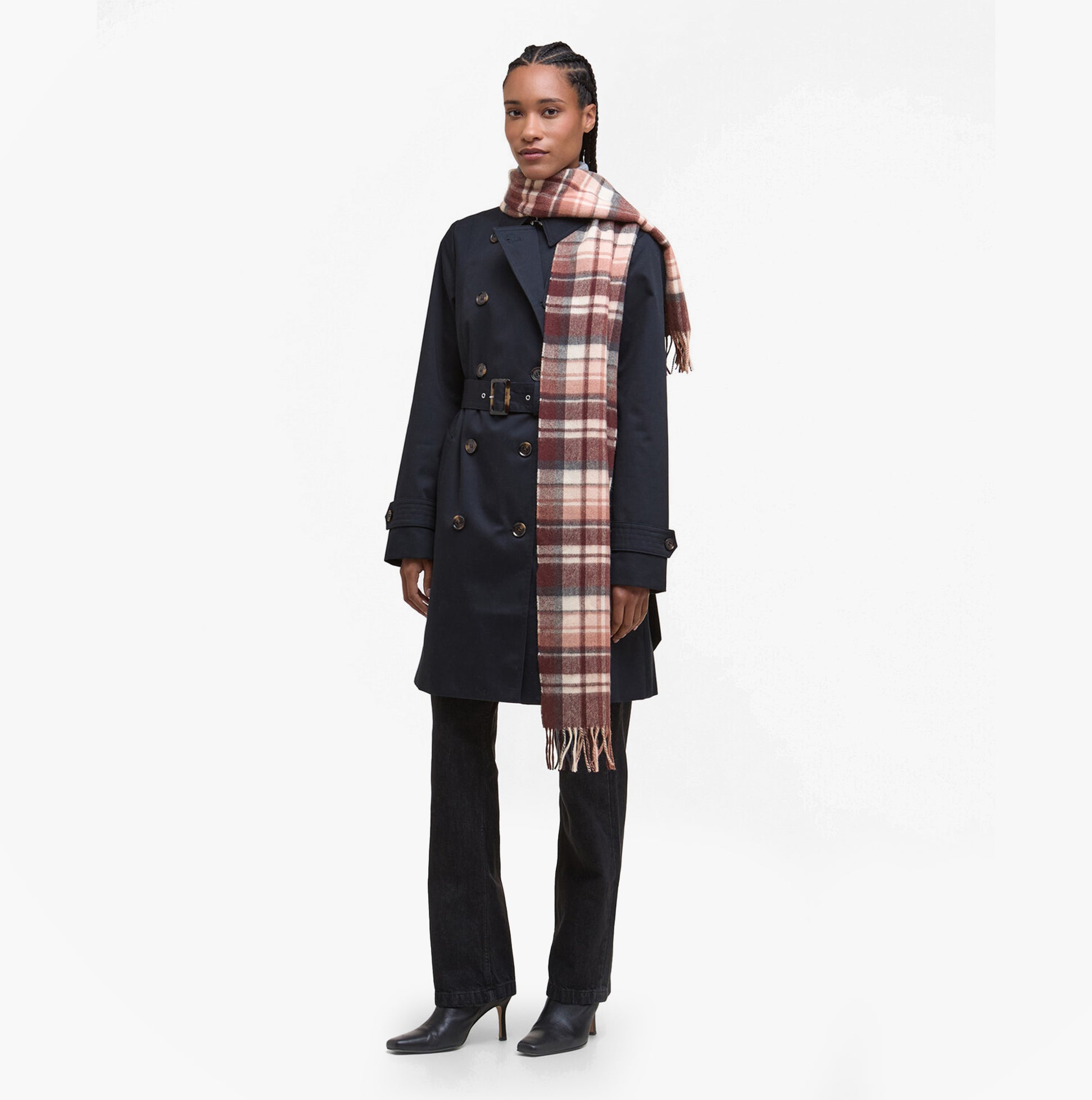 Barbour VINTAGE PLAID Womens Winter Fudge front view with model wearing plaid scarf over coat.