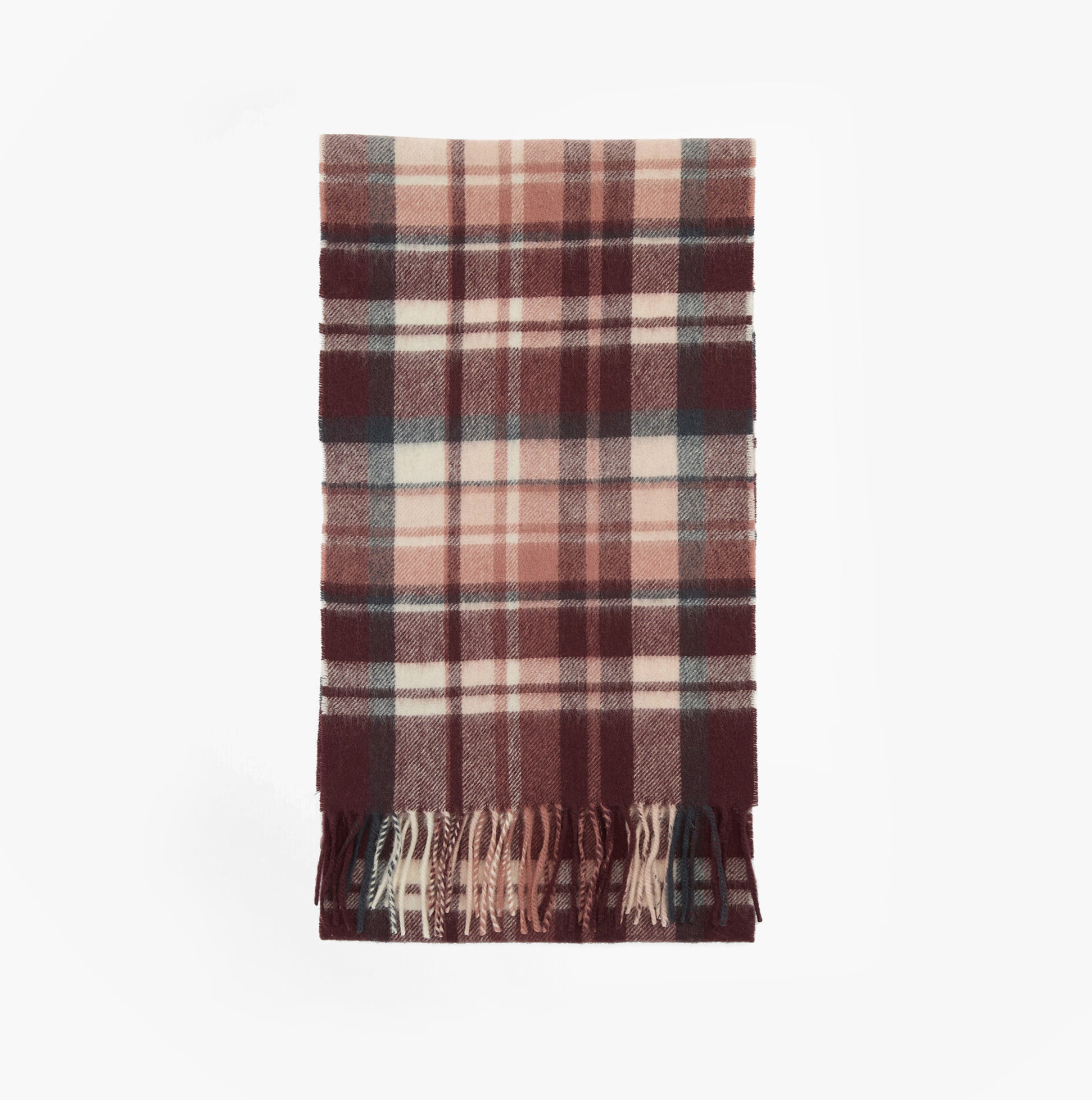 Barbour VINTAGE PLAID Womens Winter Fudge front view scarf, made of lambswool and cashmere, stylish plaid design.