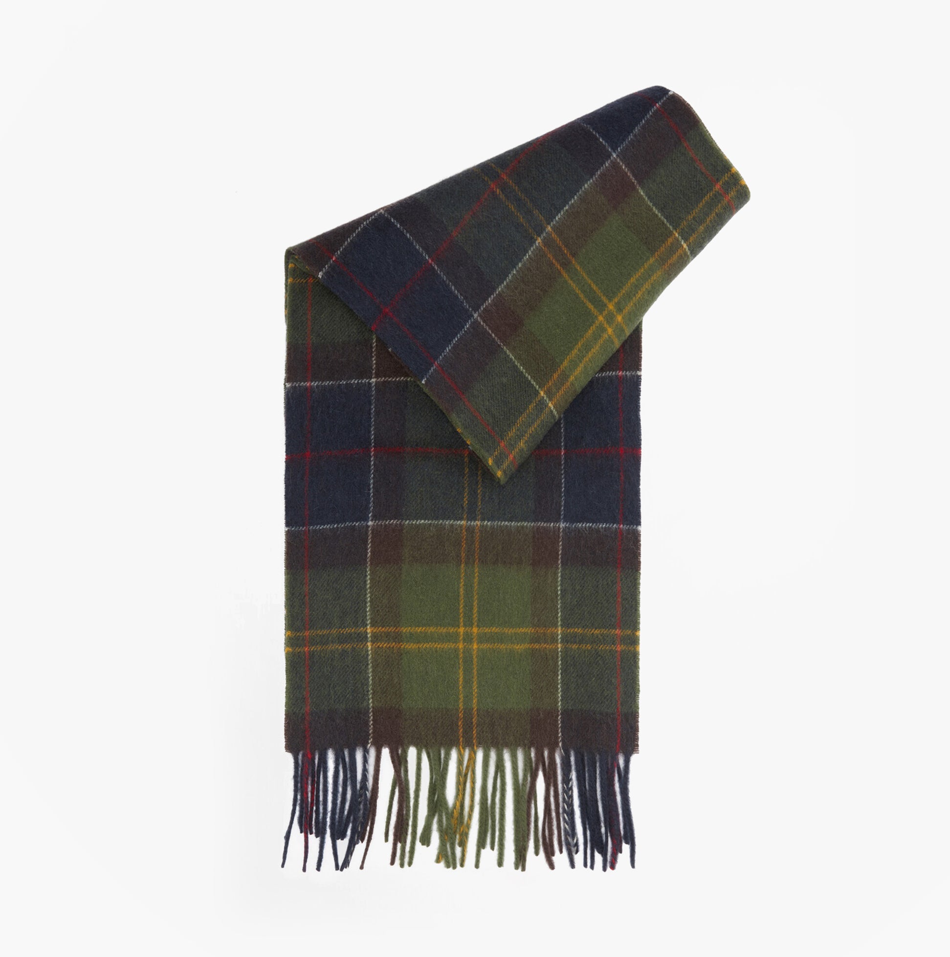 Barbour TARTAN Womens Winter Classic Tartan front view, green and navy check pattern scarf with fringes.