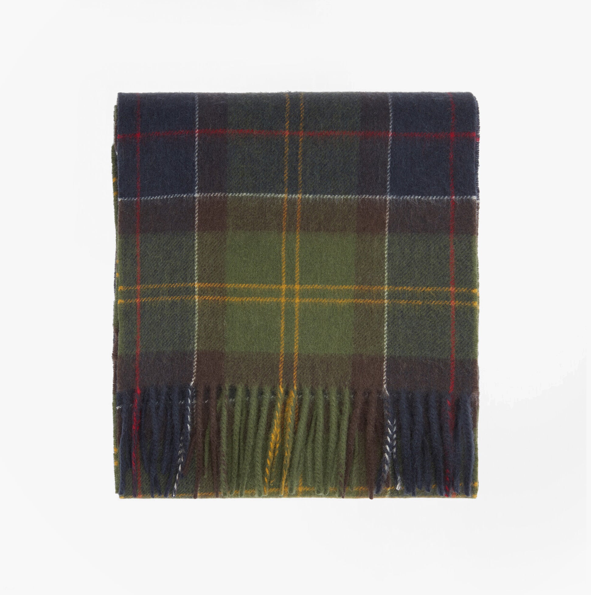 Barbour TARTAN Womens Winter Classic Tartan front view of wool scarf in green and navy plaid pattern.