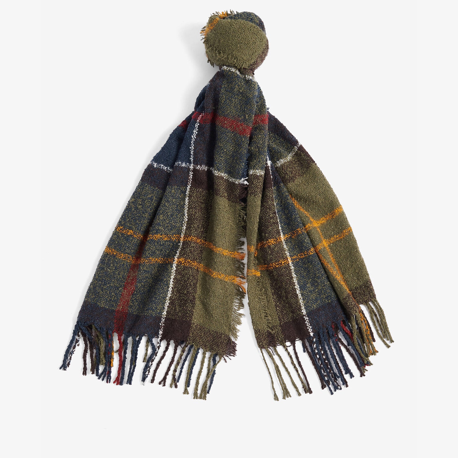 Barbour TARTAN BOUCLE Scarf Womens Classic front view with tasselled hem in green, navy, and orange check pattern.