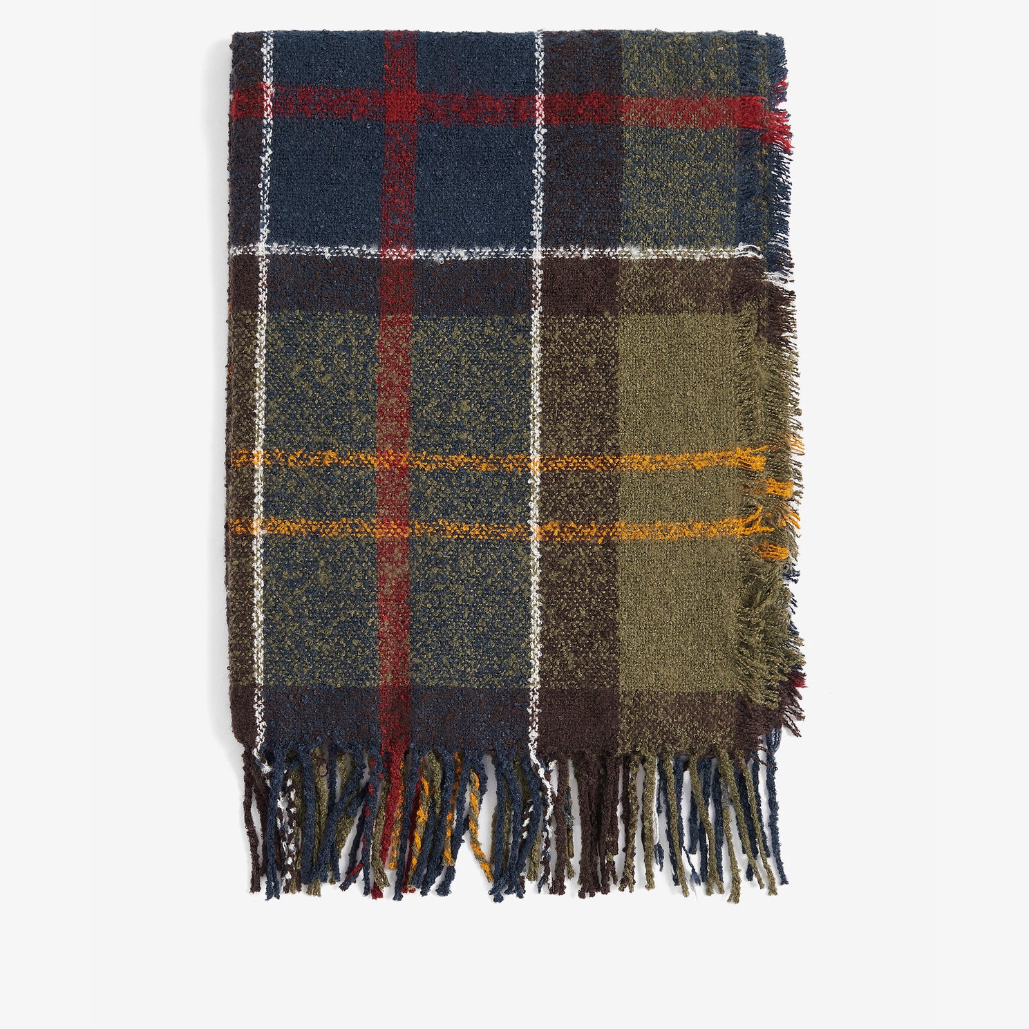 Barbour TARTAN BOUCLE Scarf Womens Classic front view showcasing textured boucle yarn and tasselled hem.