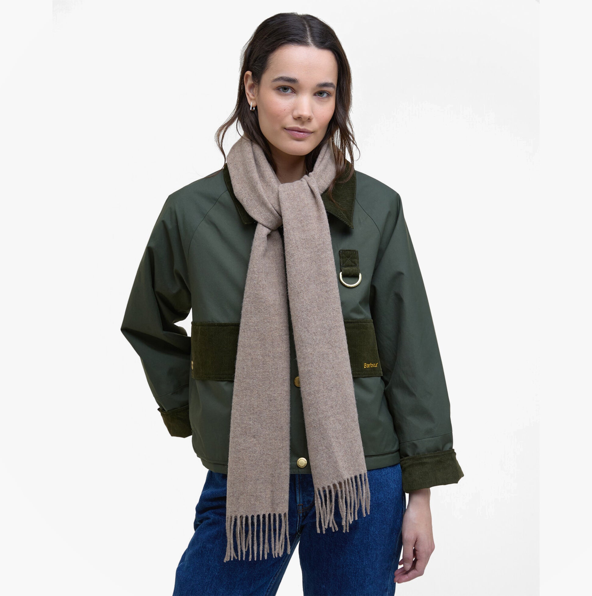 Barbour LAMBSWOOL WOVEN Womens Winter Oatmeal scarf worn front view, showcasing soft lambswool fabric in oatmeal color.