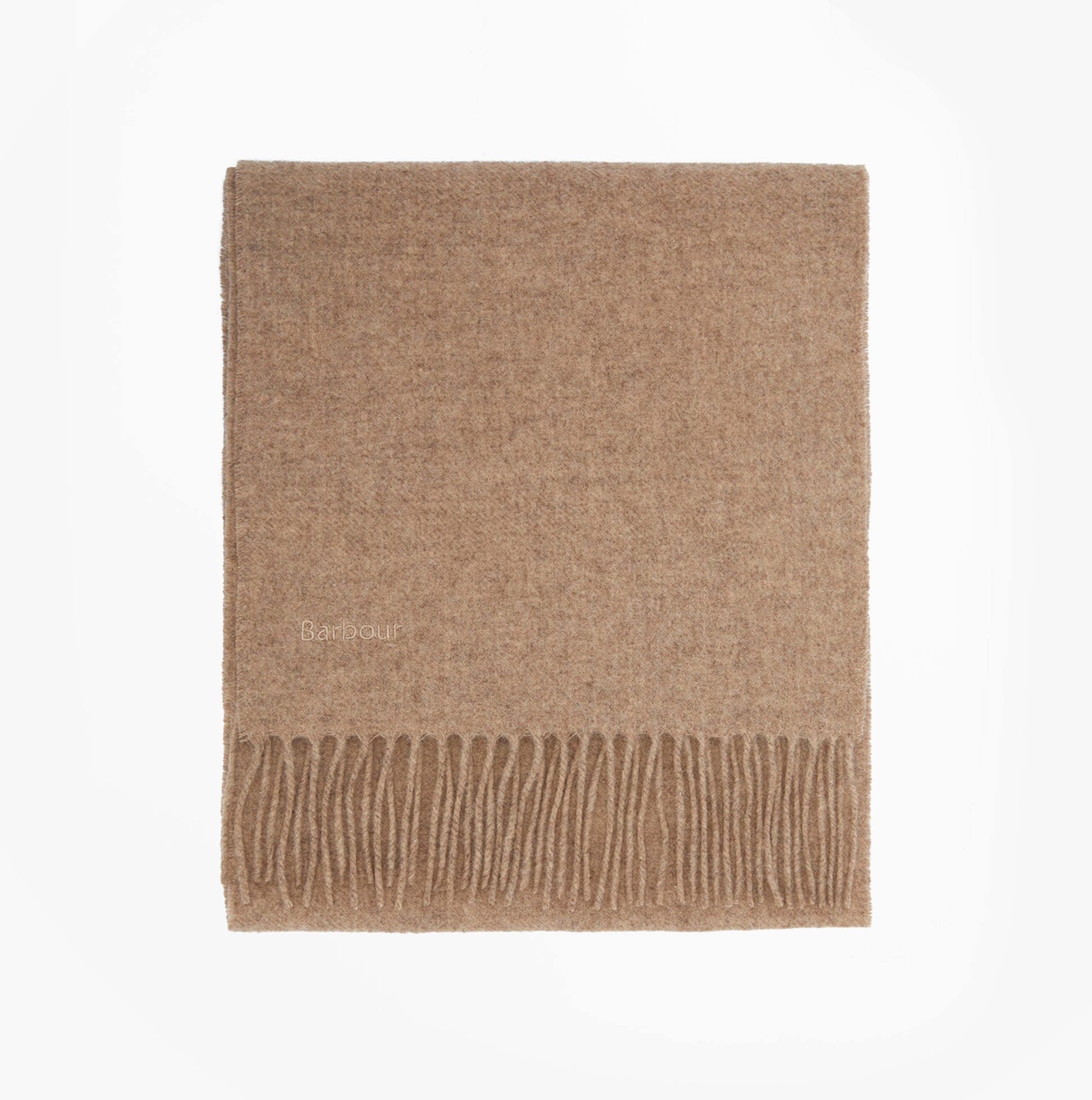 Barbour LAMBSWOOL WOVEN Womens Winter Oatmeal flat view of warm, stylish scarf with fringe detailing.