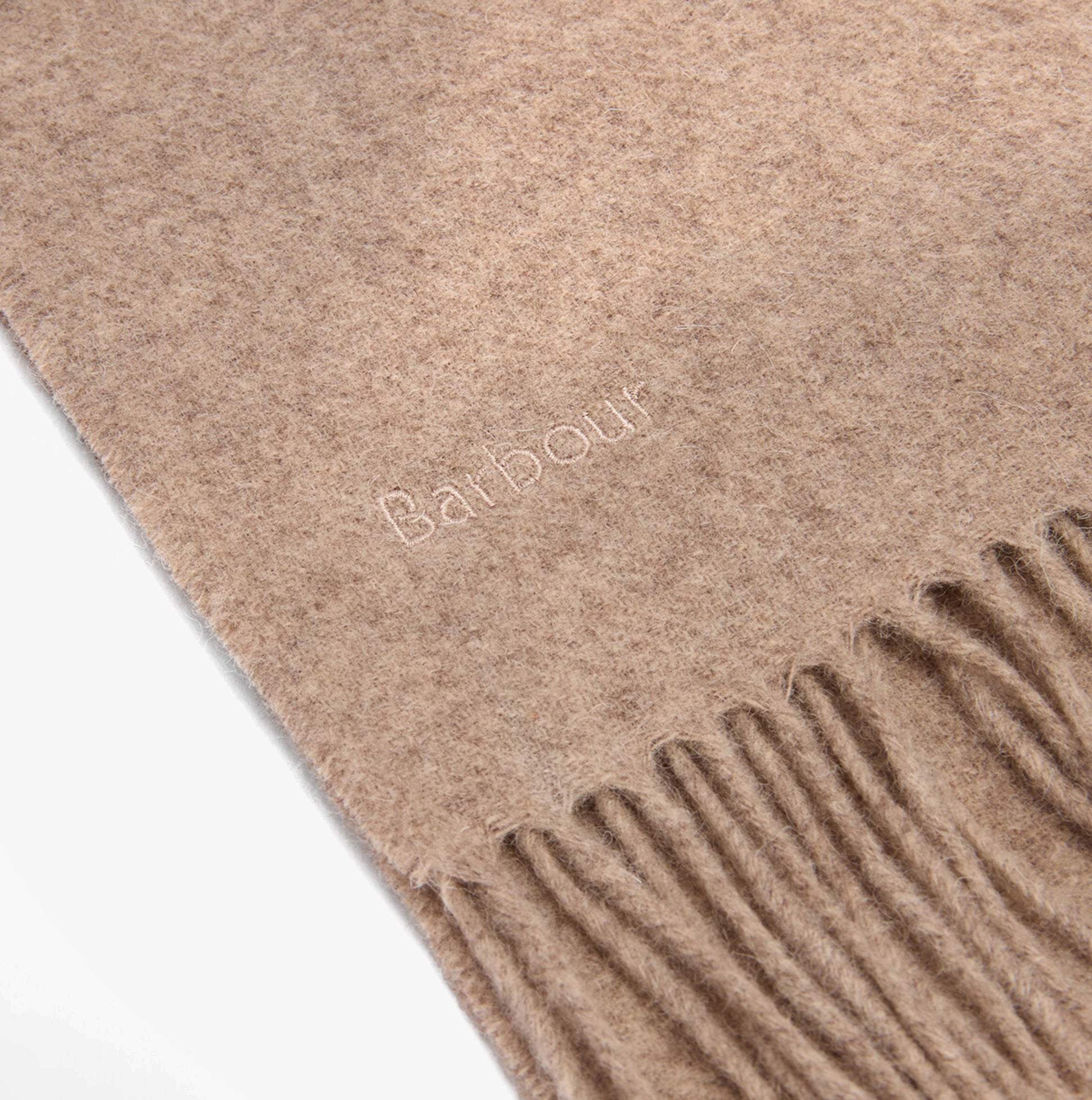 Barbour LAMBSWOOL WOVEN Womens Winter Oatmeal detail view showing soft lambswool texture and fringe design.