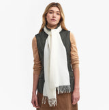 Barbour LAMBSWOOL WOVEN Womens Winter Cream front view, styled with a vest, showcasing the soft lambswool scarf.