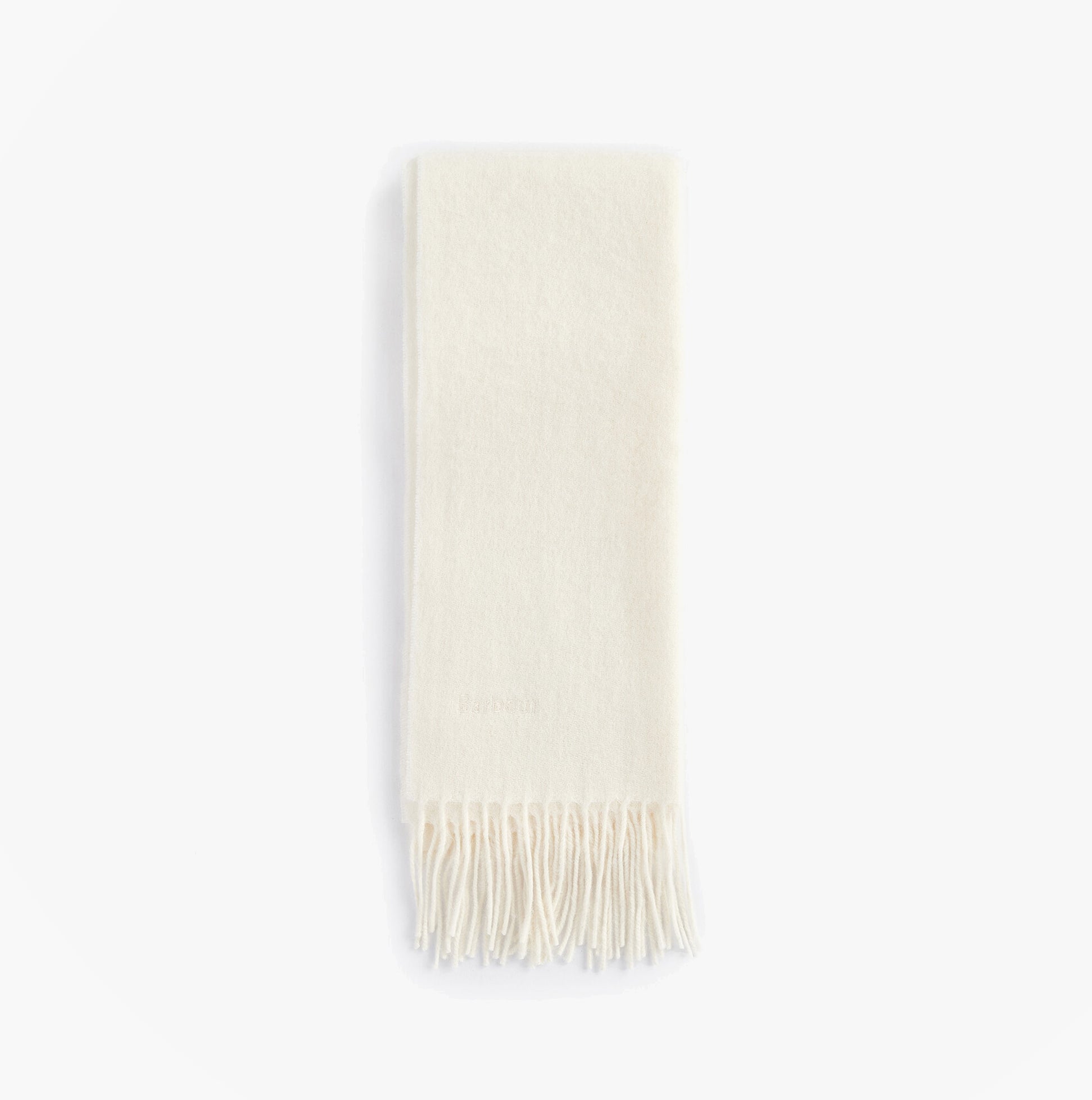 Barbour LAMBSWOOL WOVEN Womens Winter Cream front view, soft cream lambswool scarf with fringes.