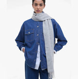 Barbour LAMBSWOOL WOVEN Womens Winter Light Grey Melange front view worn with denim jacket