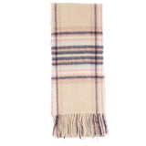 Barbour LONNEN Scarf Womens White Pepper front view in lambswool with country-inspired check and tasselled hem.