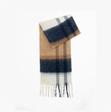 Barbour ISLA TARTAN BOUCLE Womens Winter Hessian Tartan front view of the scarf with plaid design in brown and navy.