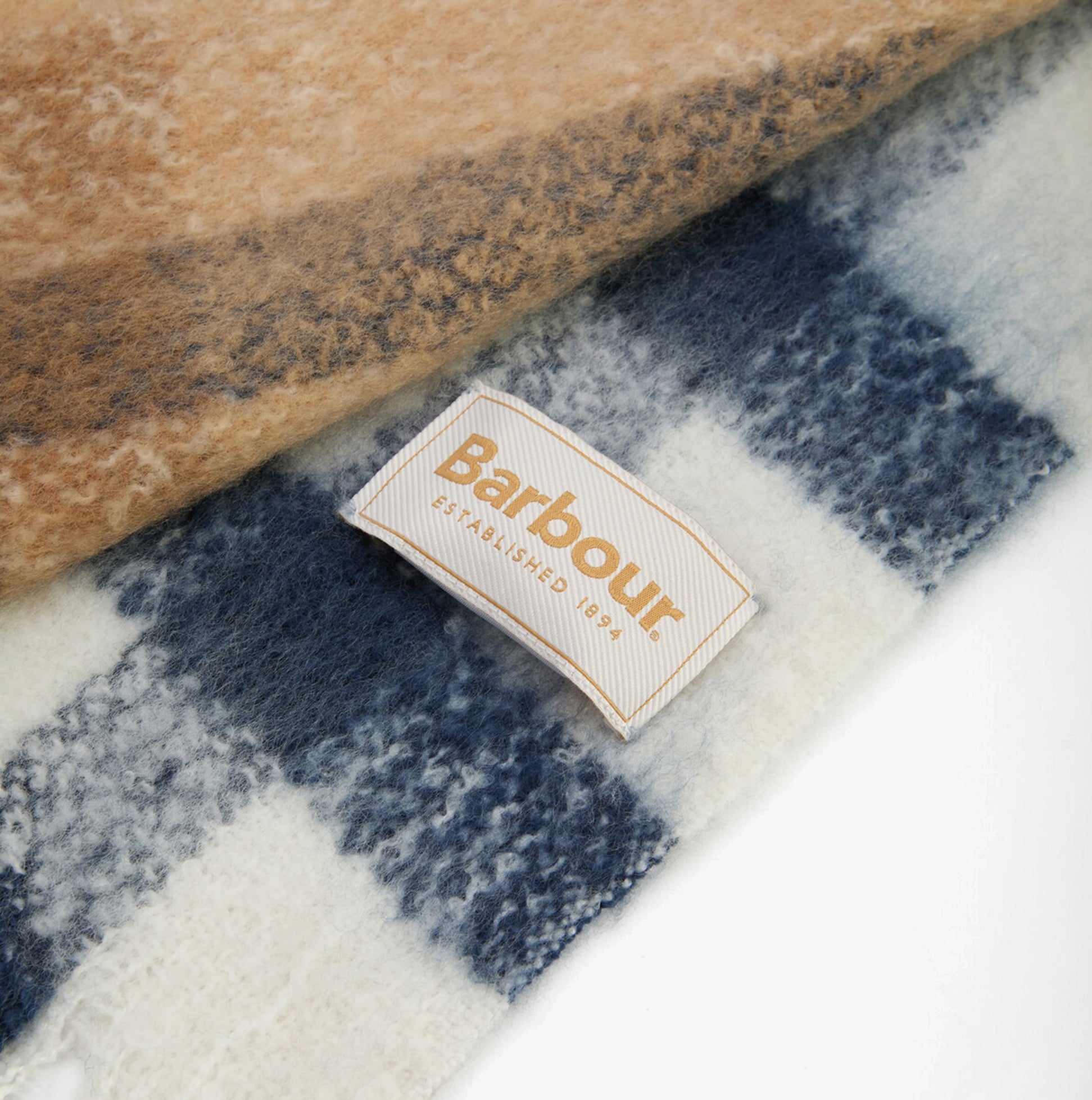 Barbour ISLA TARTAN BOUCLE Womens Winter Hessian Tartan detail view of fabric and tag