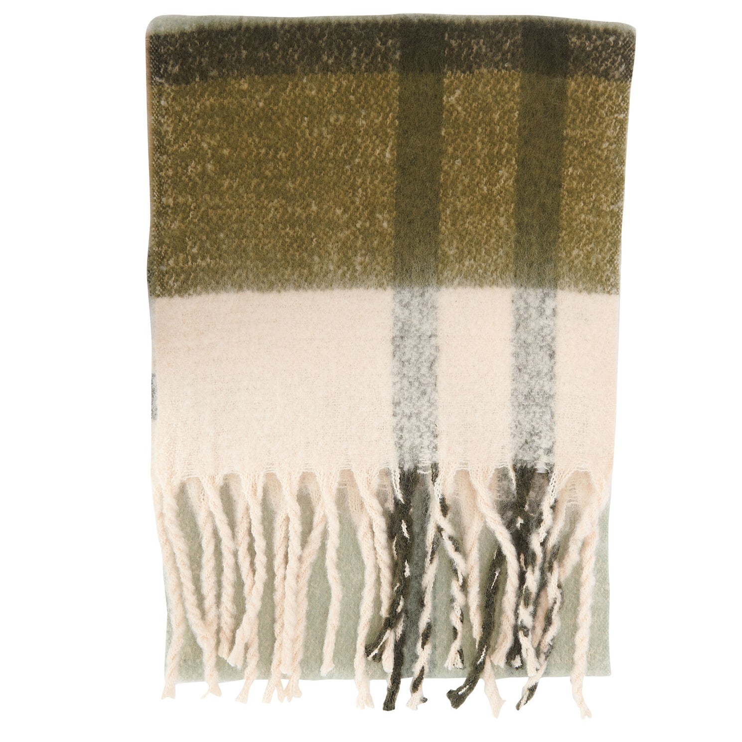 Barbour ISLA TARTAN BOUCLE Scarf Womens Soft Mint front view showing all-over tartan pattern and tasselled trims.