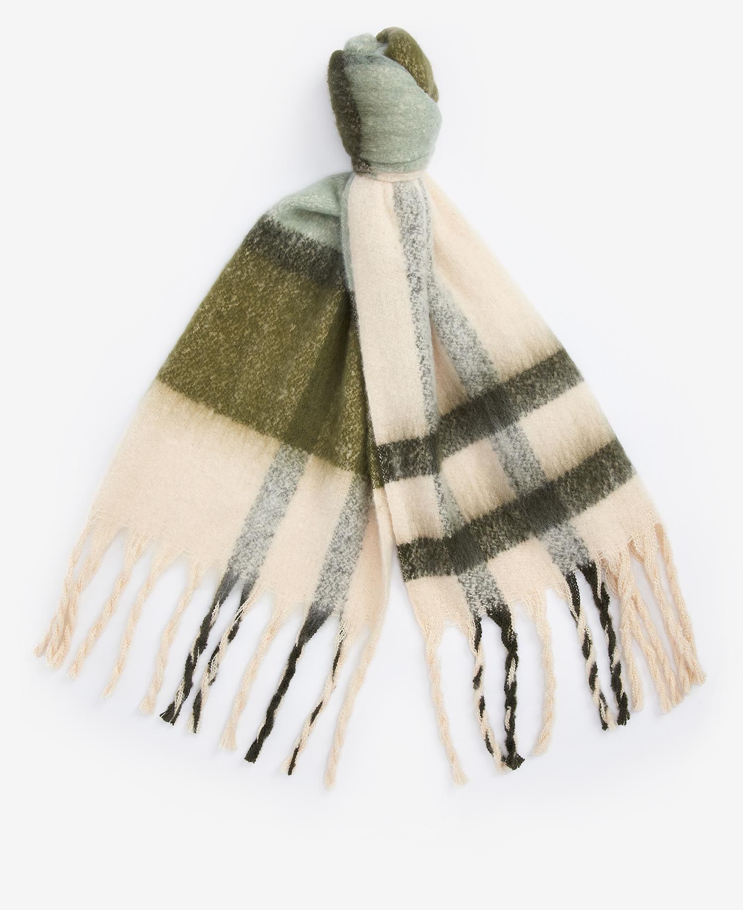 Barbour ISLA TARTAN BOUCLE Scarf Womens Soft Mint front view showcasing soft mint color, all-over tartan pattern, and tasselled trims.