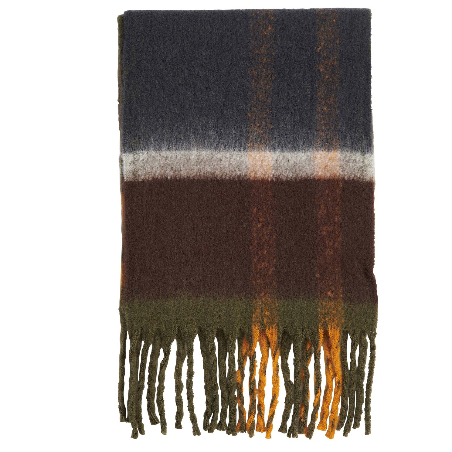 Barbour ISLA TARTAN BOUCLE Scarf Womens Classic front view showcasing multiple colors and tasselled trims.
