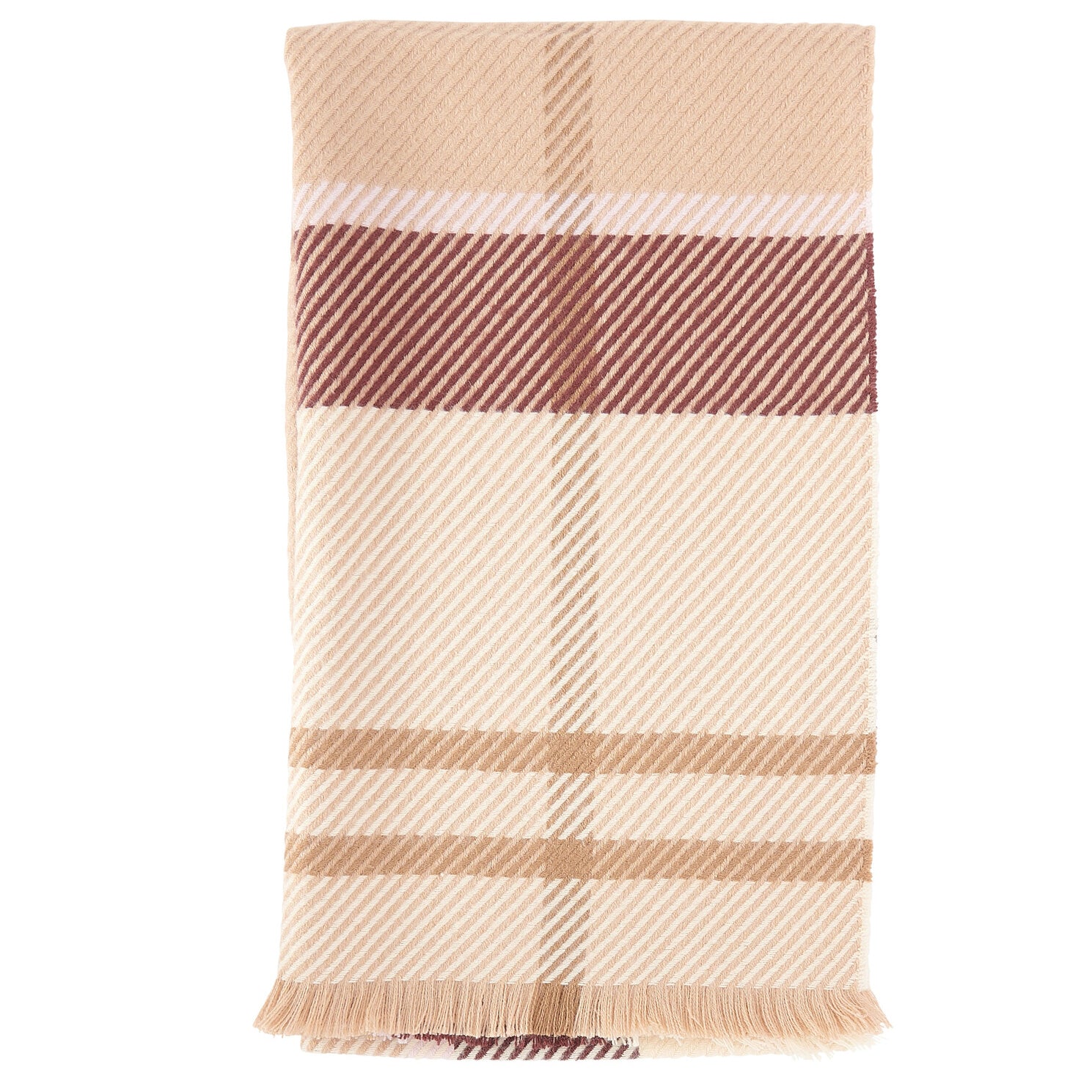 Barbour BLAIR Womens Tartan Scarf Muted Cabernet front view showcasing all-over tartan pattern and tasselled trims.