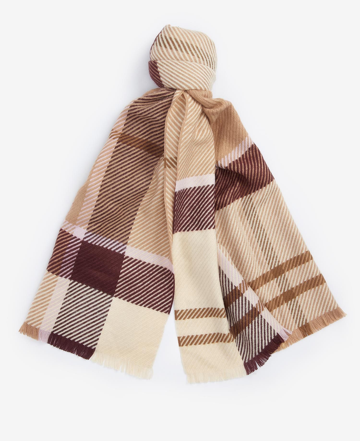 Barbour BLAIR Womens Tartan Scarf Muted Cabernet top view displaying all-over tartan pattern and tasselled trims.