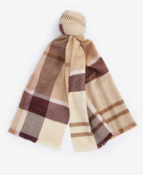 Barbour BLAIR Womens Tartan Scarf Muted Cabernet top view displaying all-over tartan pattern and tasselled trims.