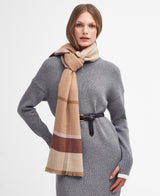 Barbour BLAIR Womens Tartan Scarf Muted Cabernet worn by model, showcasing all-over tartan pattern and tasselled trims.