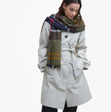 Barbour BLAIR TARTAN Womens Winter Classic Tartan detail view with a model wearing a scarf over a trench coat.