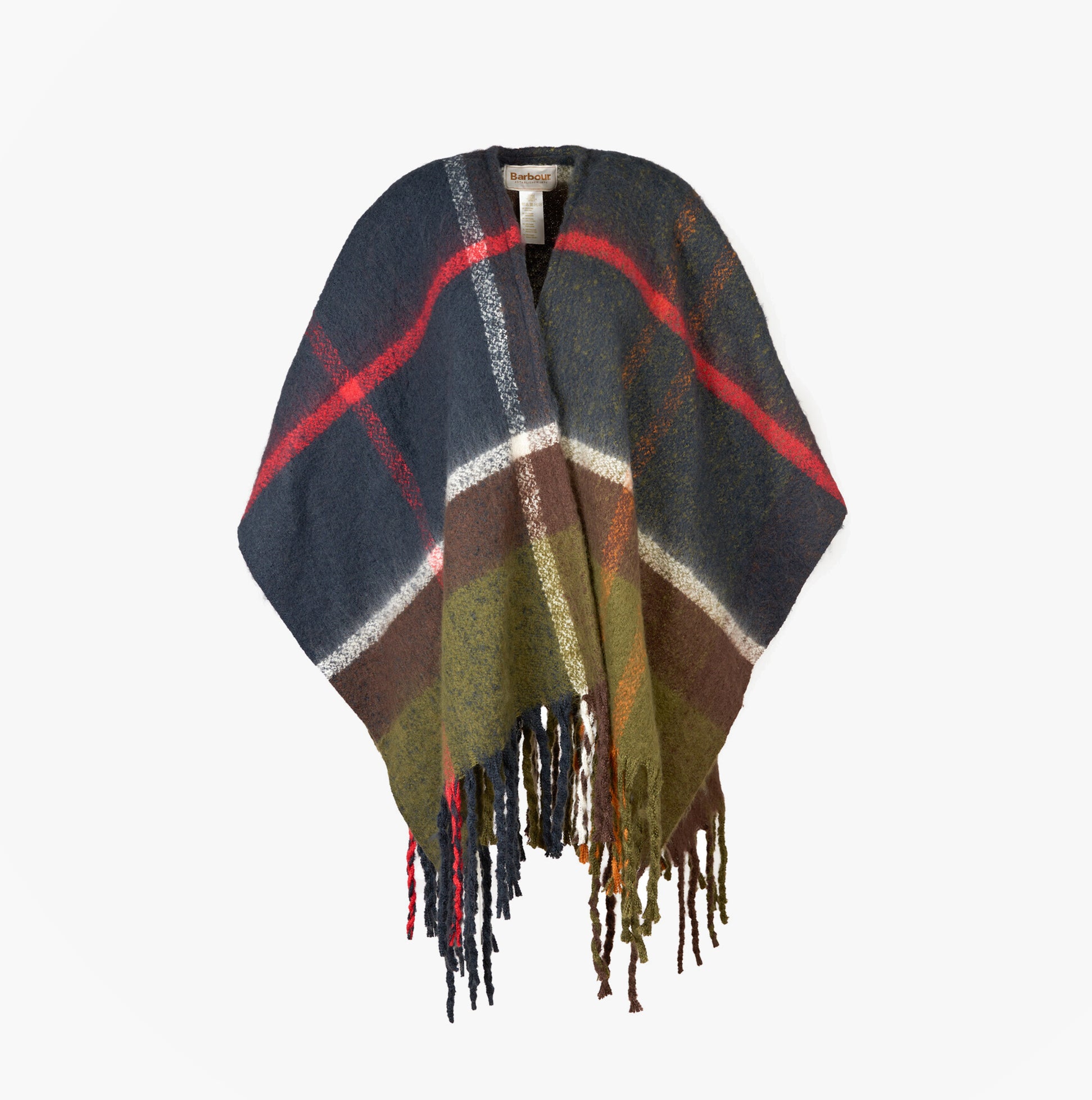 Barbour ISLA BOUCLE SERAPE Womens Wrap Classic front view showcasing multicolored design and fringe details.