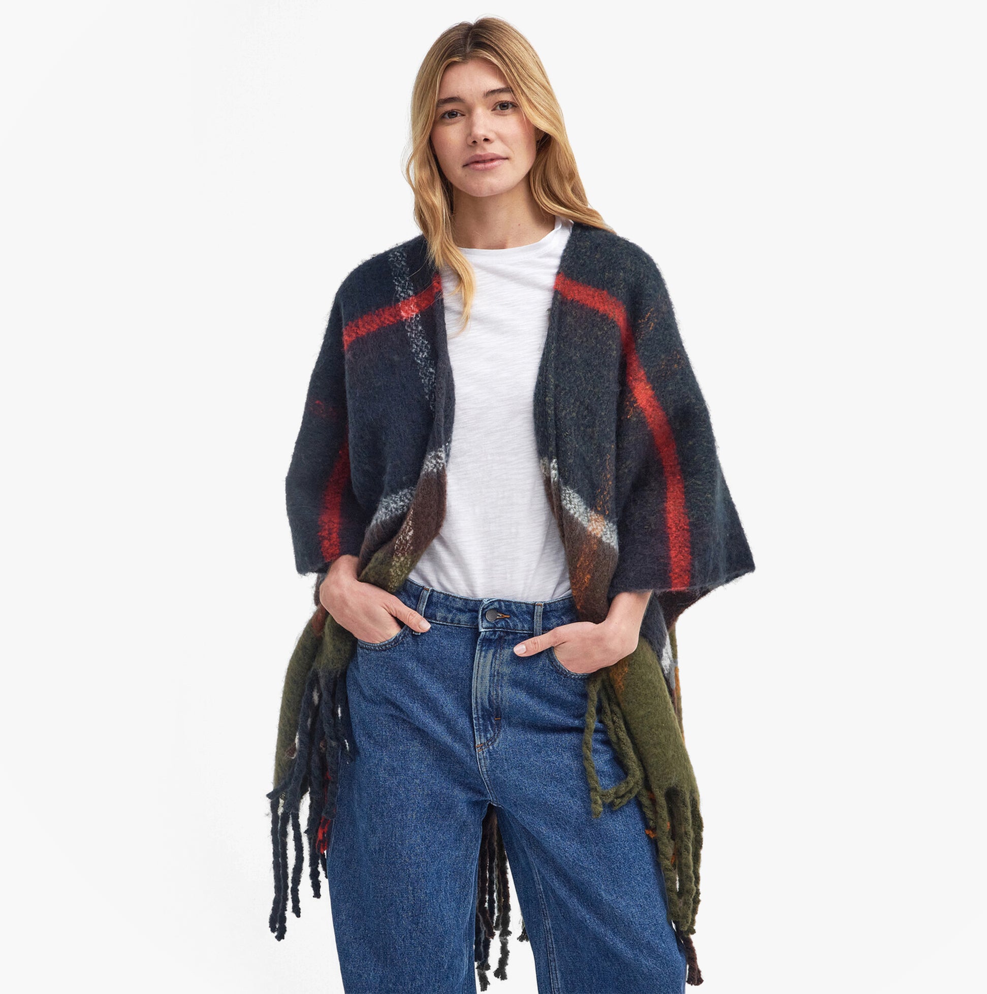 Barbour ISLA BOUCLE SERAPE Womens Wrap Classic front view with navy and green plaid pattern.