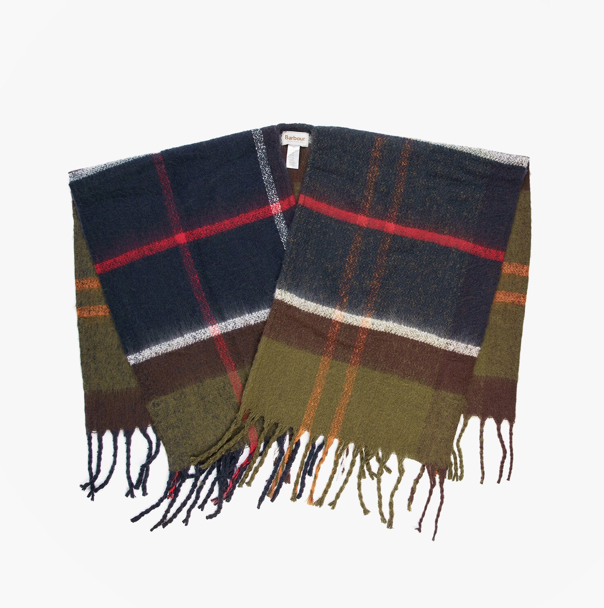 Barbour ISLA BOUCLE SERAPE Womens Wrap Classic front view featuring tartan pattern in navy, green, and red.