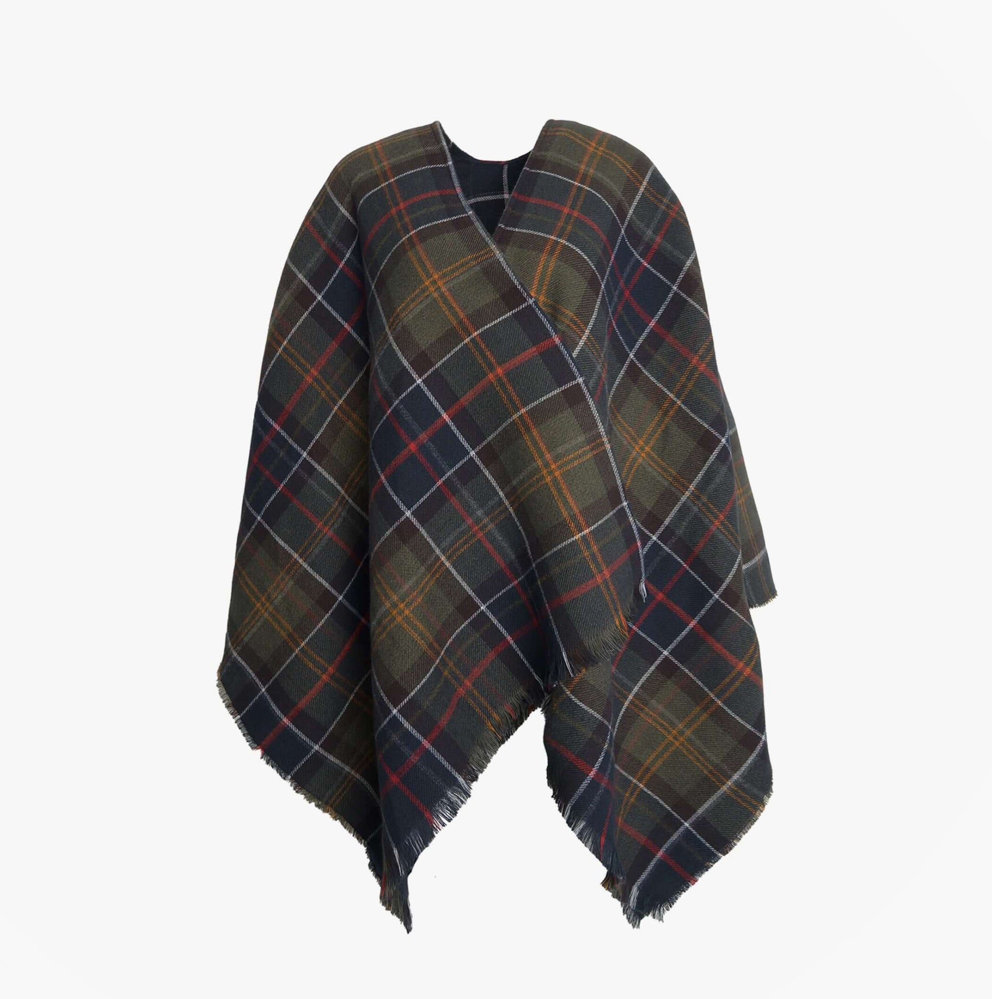 Barbour MONTIETH SERAPE Womens Scarf Classic front view in plaid pattern featuring greens, browns, and reds.