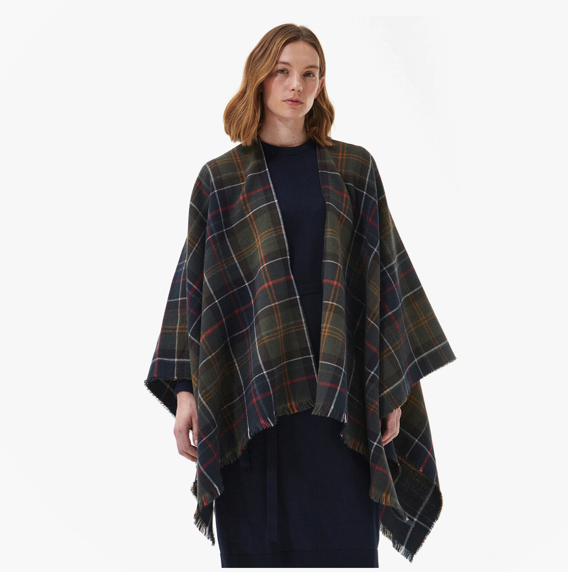 Barbour MONTIETH SERAPE Womens Scarf Classic front view featuring tartan pattern in dark tones.